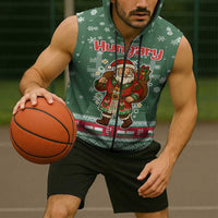 Hungary Christmas Sleeveless Zip Hoodie with Green Snowflake Pattern Santa Claus Motif - Wonder Print Shop