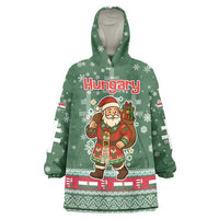 Hungary Christmas Wearable Blanket Hoodie with Green Snowflake Pattern Santa Claus Motif - Wonder Print Shop