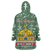 Hungary Christmas Wearable Blanket Hoodie with Green Snowflake Pattern Santa Claus Motif - Wonder Print Shop