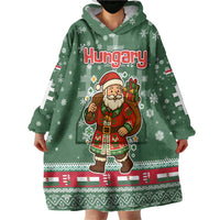 Hungary Christmas Wearable Blanket Hoodie with Green Snowflake Pattern Santa Claus Motif - Wonder Print Shop
