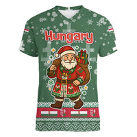 Hungary Christmas Women V-Neck T-Shirt with Green Snowflake Pattern Santa Claus Motif - Wonder Print Shop