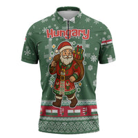 Hungary Christmas Zipper Polo Shirt with Green Snowflake Pattern Santa Claus Motif - Wonder Print Shop
