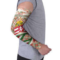 Hungary Christmas Arm Sleeves with Red Green Plaid Pattern Crown and Double Cross Motif - Wonder Print Shop