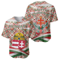 Hungary Christmas Baseball Jersey with Red Green Plaid Pattern Crown and Double Cross Motif - Wonder Print Shop