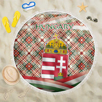 Hungary Christmas Beach Blanket with Red Green Plaid Pattern Crown and Double Cross Motif - Wonder Print Shop