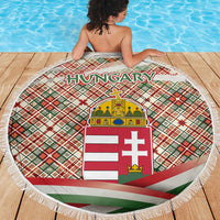 Hungary Christmas Beach Blanket with Red Green Plaid Pattern Crown and Double Cross Motif - Wonder Print Shop
