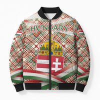 Hungary Christmas Bomber Puffer Jacket with Red Green Plaid Pattern Crown and Double Cross Motif - Wonder Print Shop