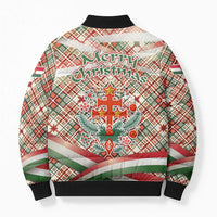 Hungary Christmas Bomber Puffer Jacket with Red Green Plaid Pattern Crown and Double Cross Motif - Wonder Print Shop