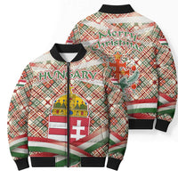 Hungary Christmas Bomber Puffer Jacket with Red Green Plaid Pattern Crown and Double Cross Motif - Wonder Print Shop