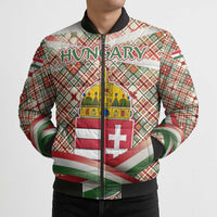 Hungary Christmas Bomber Puffer Jacket with Red Green Plaid Pattern Crown and Double Cross Motif - Wonder Print Shop