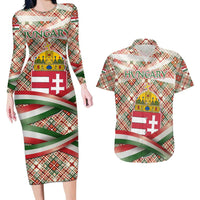 Hungary Christmas Couples Matching Long Sleeve Bodycon Dress and Hawaiian Shirt with Red Green Plaid Pattern Crown and Double Cross Motif - Wonder Print Shop