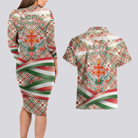 Hungary Christmas Couples Matching Long Sleeve Bodycon Dress and Hawaiian Shirt with Red Green Plaid Pattern Crown and Double Cross Motif - Wonder Print Shop