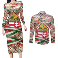 Hungary Christmas Couples Matching Long Sleeve Bodycon Dress and Long Sleeve Button Shirt with Red Green Plaid Pattern Crown and Double Cross Motif - Wonder Print Shop