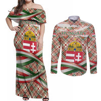 Hungary Christmas Couples Matching Off Shoulder Maxi Dress and Long Sleeve Button Shirt with Red Green Plaid Pattern Crown and Double Cross Motif - Wonder Print Shop
