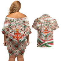 Hungary Christmas Couples Matching Off Shoulder Short Dress and Hawaiian Shirt with Red Green Plaid Pattern Crown and Double Cross Motif - Wonder Print Shop