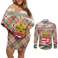 Hungary Christmas Couples Matching Off Shoulder Short Dress and Long Sleeve Button Shirt with Red Green Plaid Pattern Crown and Double Cross Motif - Wonder Print Shop