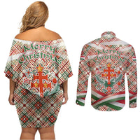 Hungary Christmas Couples Matching Off Shoulder Short Dress and Long Sleeve Button Shirt with Red Green Plaid Pattern Crown and Double Cross Motif - Wonder Print Shop