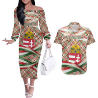 Hungary Christmas Couples Matching Off The Shoulder Long Sleeve Dress and Hawaiian Shirt with Red Green Plaid Pattern Crown and Double Cross Motif - Wonder Print Shop