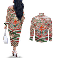 Hungary Christmas Couples Matching Off The Shoulder Long Sleeve Dress and Long Sleeve Button Shirt with Red Green Plaid Pattern Crown and Double Cross Motif - Wonder Print Shop
