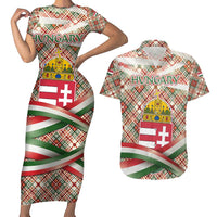 Hungary Christmas Couples Matching Short Sleeve Bodycon Dress and Hawaiian Shirt with Red Green Plaid Pattern Crown and Double Cross Motif - Wonder Print Shop