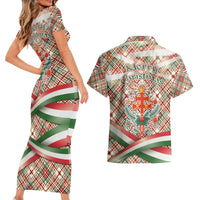 Hungary Christmas Couples Matching Short Sleeve Bodycon Dress and Hawaiian Shirt with Red Green Plaid Pattern Crown and Double Cross Motif - Wonder Print Shop