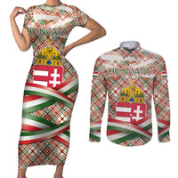 Hungary Christmas Couples Matching Short Sleeve Bodycon Dress and Long Sleeve Button Shirt with Red Green Plaid Pattern Crown and Double Cross Motif - Wonder Print Shop