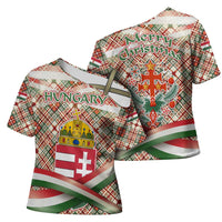 Hungary Christmas Cross Shoulder Shirt with Red Green Plaid Pattern Crown and Double Cross Motif - Wonder Print Shop
