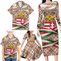 Hungary Christmas Family Matching Long Sleeve Bodycon Dress and Hawaiian Shirt with Red Green Plaid Pattern Crown and Double Cross Motif - Wonder Print Shop