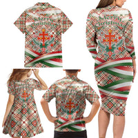 Hungary Christmas Family Matching Long Sleeve Bodycon Dress and Hawaiian Shirt with Red Green Plaid Pattern Crown and Double Cross Motif - Wonder Print Shop