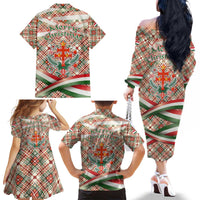 Hungary Christmas Family Matching Off The Shoulder Long Sleeve Dress and Hawaiian Shirt with Red Green Plaid Pattern Crown and Double Cross Motif - Wonder Print Shop