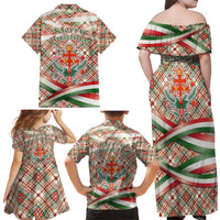 Hungary Christmas Family Matching Off Shoulder Maxi Dress and Hawaiian Shirt with Red Green Plaid Pattern Crown and Double Cross Motif - Wonder Print Shop