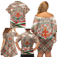 Hungary Christmas Family Matching Off Shoulder Short Dress and Hawaiian Shirt with Red Green Plaid Pattern Crown and Double Cross Motif - Wonder Print Shop