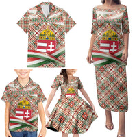 Hungary Christmas Family Matching Puletasi and Hawaiian Shirt with Red Green Plaid Pattern Crown and Double Cross Motif - Wonder Print Shop