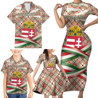 Hungary Christmas Family Matching Short Sleeve Bodycon Dress and Hawaiian Shirt with Red Green Plaid Pattern Crown and Double Cross Motif - Wonder Print Shop