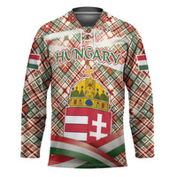 Hungary Christmas Hockey Jersey with Red Green Plaid Pattern Crown and Double Cross Motif - Wonder Print Shop