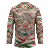 Hungary Christmas Hockey Jersey with Red Green Plaid Pattern Crown and Double Cross Motif - Wonder Print Shop