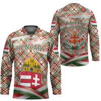 Hungary Christmas Hockey Jersey with Red Green Plaid Pattern Crown and Double Cross Motif - Wonder Print Shop