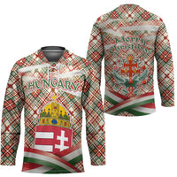 Hungary Christmas Hockey Jersey with Red Green Plaid Pattern Crown and Double Cross Motif - Wonder Print Shop