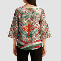 Hungary Christmas Kimono Sleeve Blouse with Red Green Plaid Pattern Crown and Double Cross Motif - Wonder Print Shop