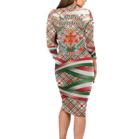 Hungary Christmas Long Sleeve Bodycon Dress with Red Green Plaid Pattern Crown and Double Cross Motif - Wonder Print Shop