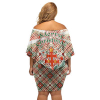 Hungary Christmas Off Shoulder Short Dress with Red Green Plaid Pattern Crown and Double Cross Motif - Wonder Print Shop