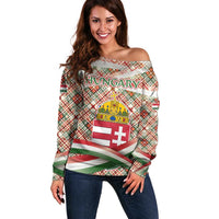 Hungary Christmas Off Shoulder Sweater with Red Green Plaid Pattern Crown and Double Cross Motif - Wonder Print Shop