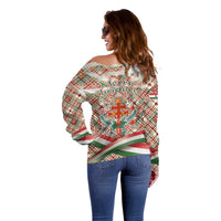 Hungary Christmas Off Shoulder Sweater with Red Green Plaid Pattern Crown and Double Cross Motif - Wonder Print Shop