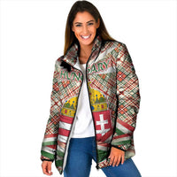Hungary Christmas Padded Jacket with Red Green Plaid Pattern Crown and Double Cross Motif - Wonder Print Shop