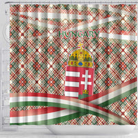Hungary Christmas Shower Curtain with Red Green Plaid Pattern Crown and Double Cross Motif - Wonder Print Shop