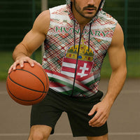 Hungary Christmas Sleeveless Zip Hoodie with Red Green Plaid Pattern Crown and Double Cross Motif - Wonder Print Shop