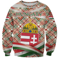 Hungary Christmas Sweatshirt with Red Green Plaid Pattern Crown and Double Cross Motif - Wonder Print Shop