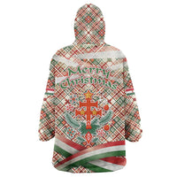 Hungary Christmas Wearable Blanket Hoodie with Red Green Plaid Pattern Crown and Double Cross Motif - Wonder Print Shop