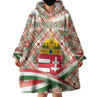 Hungary Christmas Wearable Blanket Hoodie with Red Green Plaid Pattern Crown and Double Cross Motif - Wonder Print Shop