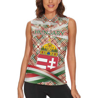 Hungary Christmas Women Sleeveless Polo Shirt with Red Green Plaid Pattern Crown and Double Cross Motif - Wonder Print Shop